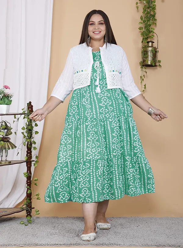 Turquoise_Bandhej_Printed_Cotton_Anarkali_Ankle_Length_Plus_Size_Kurta/Gown__With_Jacket