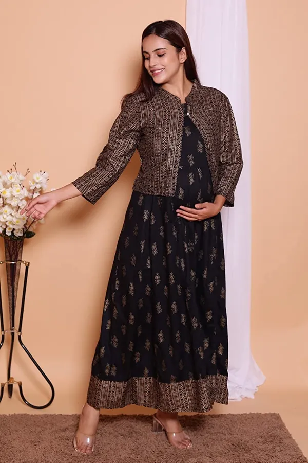 PregyFed_Rayon_Printed_Maternity_Wear_Gown_Having_Conceled_Zip_for_Feeding_with_Jacket