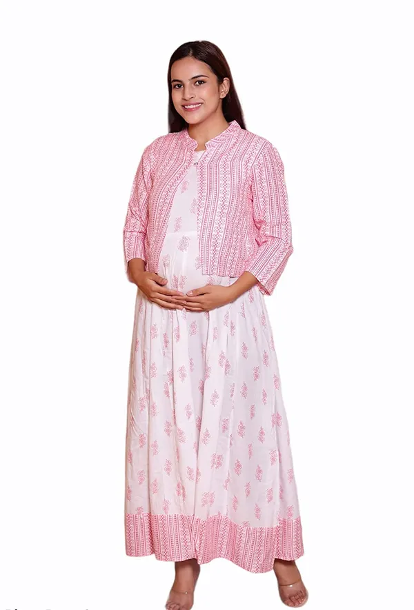 Maternity_Wear_White_and_Pink_Printed_Gown_Having_Conceled_Zip_for_Feeding_with_Jacket