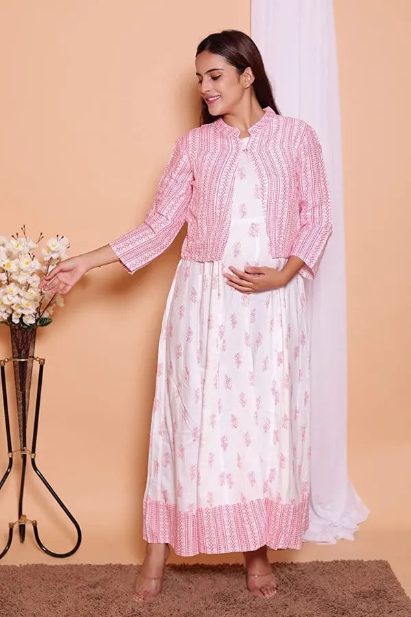 Maternity_Wear_White_and_Pink_Printed_Gown_Having_Conceled_Zip_for_Feeding_with_Jacket