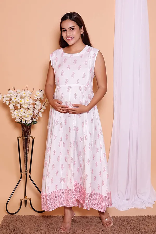 Maternity_Wear_White_and_Pink_Printed_Gown_Having_Conceled_Zip_for_Feeding_with_Jacket