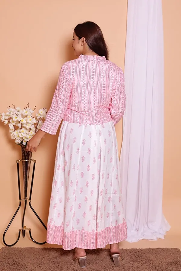 Maternity_Wear_White_and_Pink_Printed_Gown_Having_Conceled_Zip_for_Feeding_with_Jacket