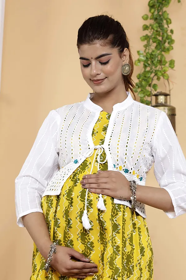Maternity_Wear_Yellow_Zig_Zag_Printed_Anarkali_Anarkali_Kurta/Gown_With_Schiffli_Jacket