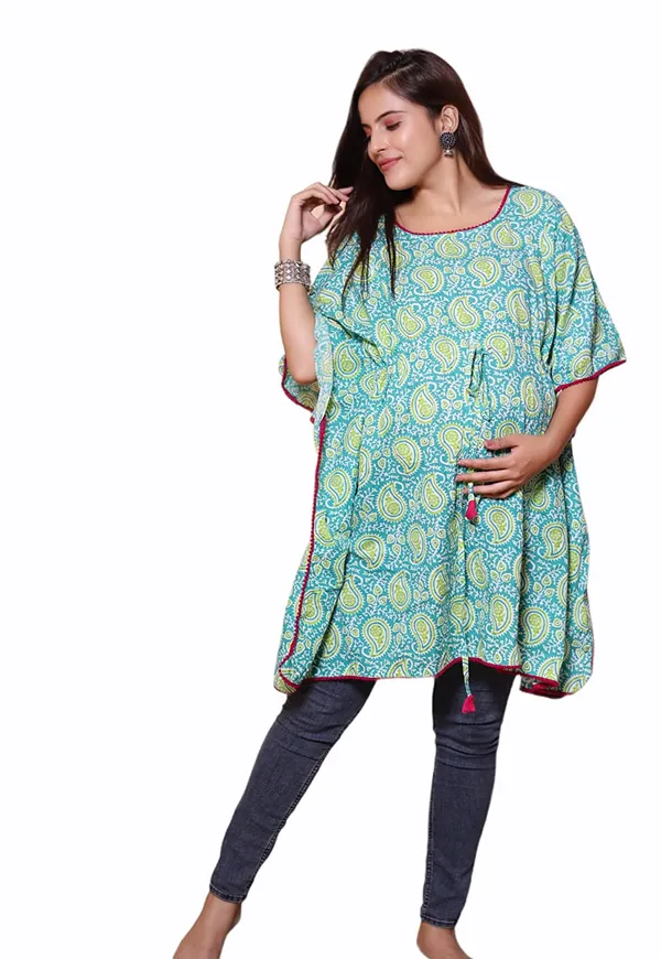 Jaipur_Print_Turquoise_Maternity_Wear_Cotton_Printed_Kaftan_with_Tie_Ups
