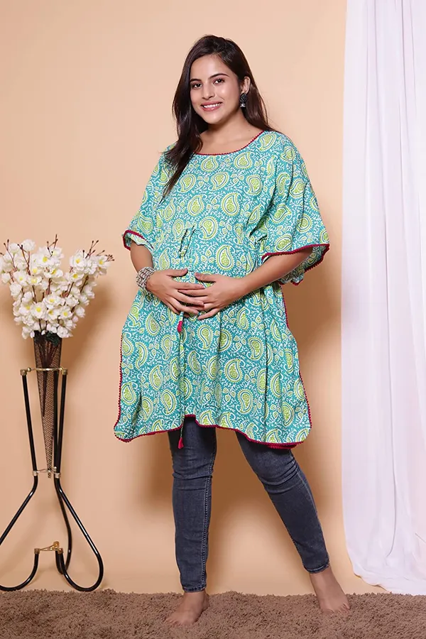 Jaipur_Print_Turquoise_Maternity_Wear_Cotton_Printed_Kaftan_with_Tie_Ups