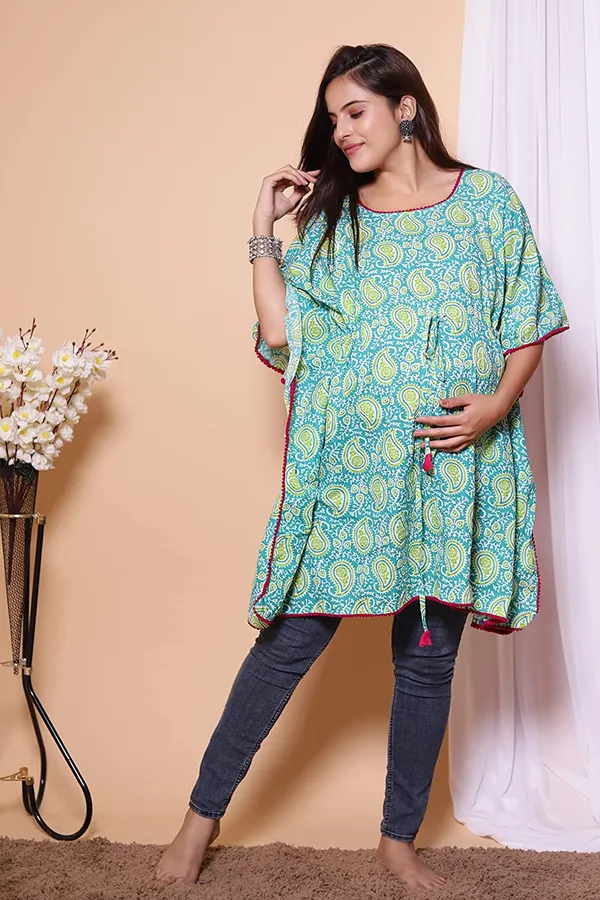 Jaipur_Print_Turquoise_Maternity_Wear_Cotton_Printed_Kaftan_with_Tie_Ups
