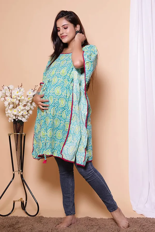 Jaipur_Print_Turquoise_Maternity_Wear_Cotton_Printed_Kaftan_with_Tie_Ups