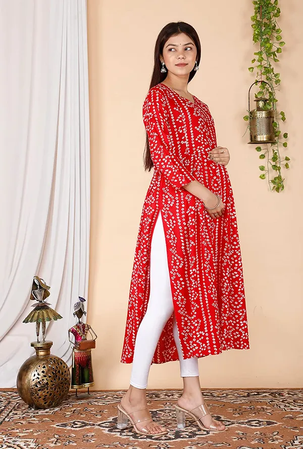 Maternity_Wear_Red_Bandhej_Printed_Anarkali_Side_Slit/_Nyra_Cut_Kurta_with_conceled_Zip_on_both_side