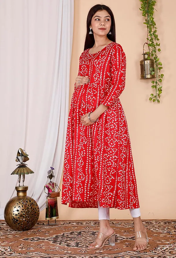 Maternity_Wear_Red_Bandhej_Printed_Anarkali_Side_Slit/_Nyra_Cut_Kurta_with_conceled_Zip_on_both_side