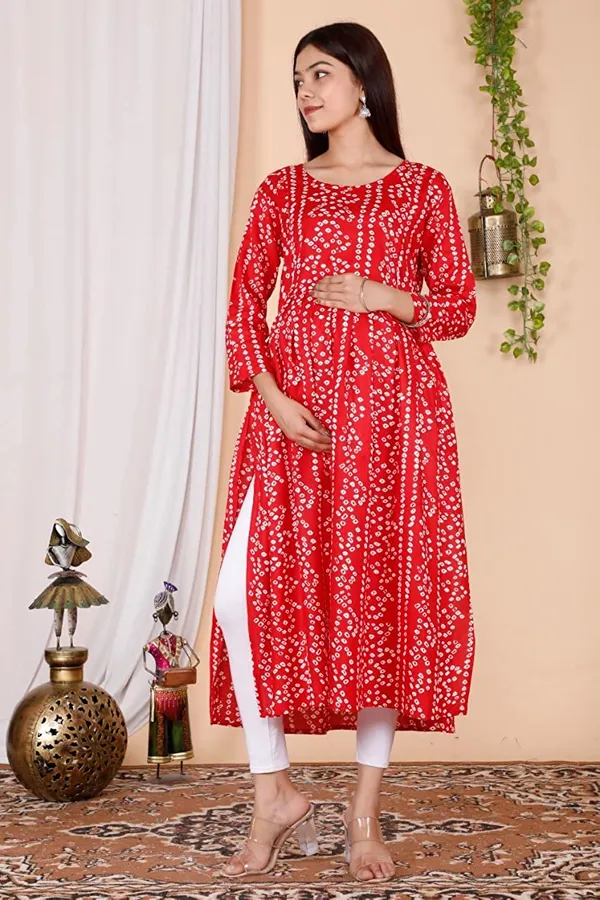 Maternity_Wear_Red_Bandhej_Printed_Anarkali_Side_Slit/_Nyra_Cut_Kurta_with_conceled_Zip_on_both_side