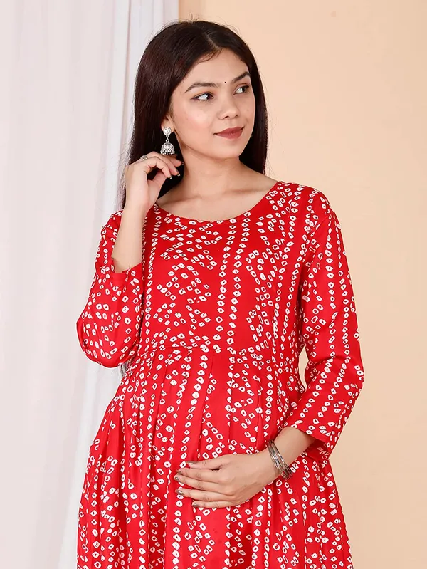 Maternity_Wear_Red_Bandhej_Printed_Anarkali_Side_Slit/_Nyra_Cut_Kurta_with_conceled_Zip_on_both_side