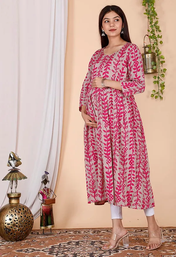 Maternity_Wear_Cotton_Bandhej_Printed_Anarkali__Side_Slit/_Nyra_Cut_Kurta_with_conceled_Zip_on_both_side
