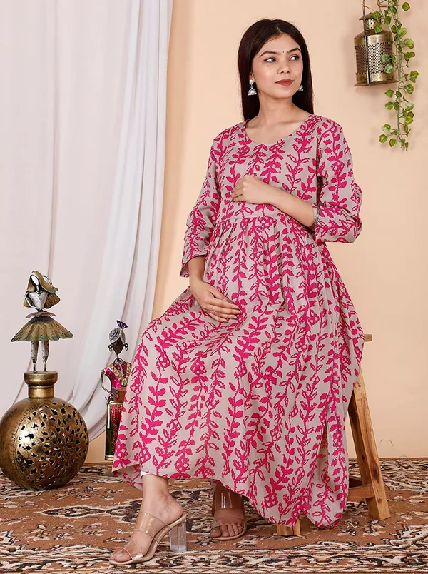 Maternity_Wear_Cotton_Bandhej_Printed_Anarkali__Side_Slit/_Nyra_Cut_Kurta_with_conceled_Zip_on_both_side