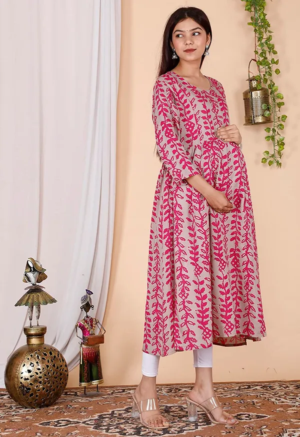 Maternity_Wear_Cotton_Bandhej_Printed_Anarkali__Side_Slit/_Nyra_Cut_Kurta_with_conceled_Zip_on_both_side