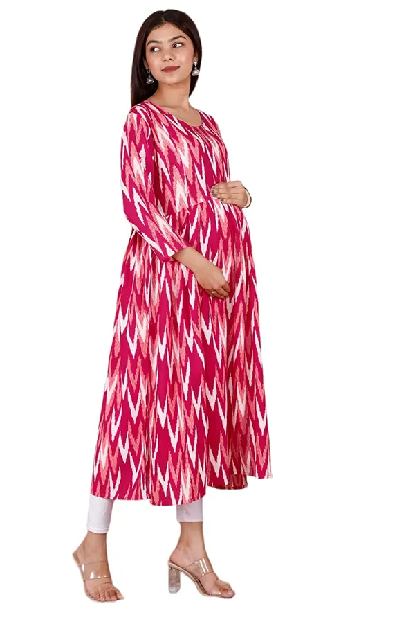 Maternity_Wear_Pink_Ikkat_Printed_Anarkali_Side_Slit/_Nyra_Cut_Kurta_with_conceled_Zip_on_both_side