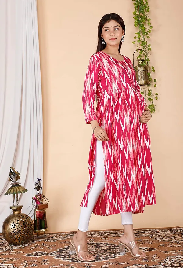 Maternity_Wear_Pink_Ikkat_Printed_Anarkali_Side_Slit/_Nyra_Cut_Kurta_with_conceled_Zip_on_both_side