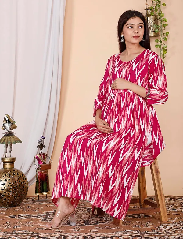 Maternity_Wear_Pink_Ikkat_Printed_Anarkali_Side_Slit/_Nyra_Cut_Kurta_with_conceled_Zip_on_both_side
