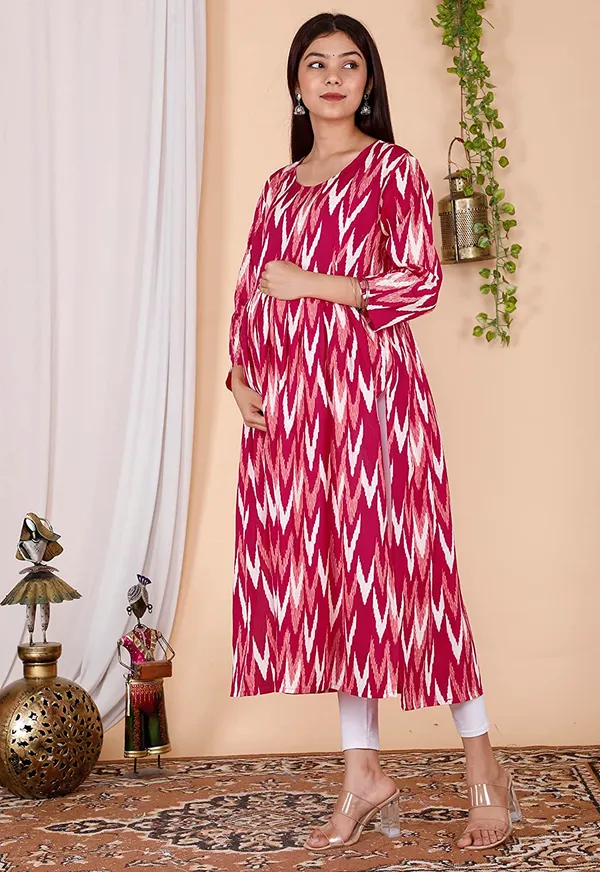 Maternity_Wear_Pink_Ikkat_Printed_Anarkali_Side_Slit/_Nyra_Cut_Kurta_with_conceled_Zip_on_both_side