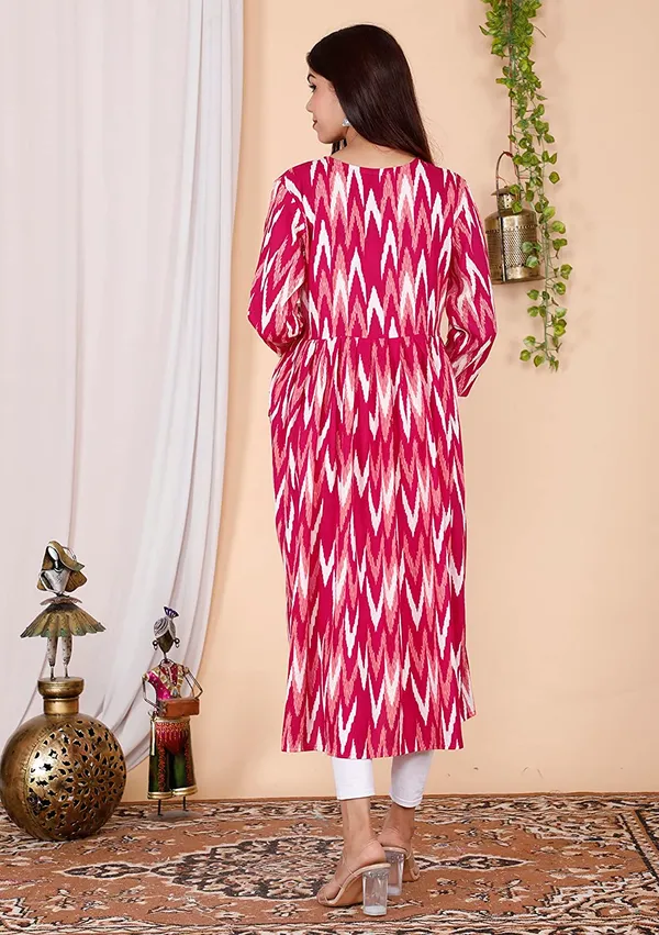Maternity_Wear_Pink_Ikkat_Printed_Anarkali_Side_Slit/_Nyra_Cut_Kurta_with_conceled_Zip_on_both_side