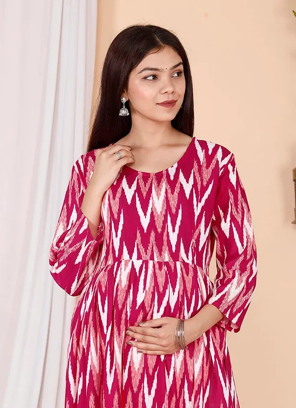 Maternity_Wear_Pink_Ikkat_Printed_Anarkali_Side_Slit/_Nyra_Cut_Kurta_with_conceled_Zip_on_both_side