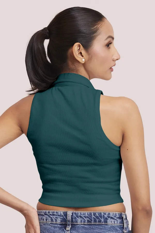 Teal_Green_Sleeveless_V-Neck_Slim_Fit_Collared_Tank_Crop_Tops_For_Women