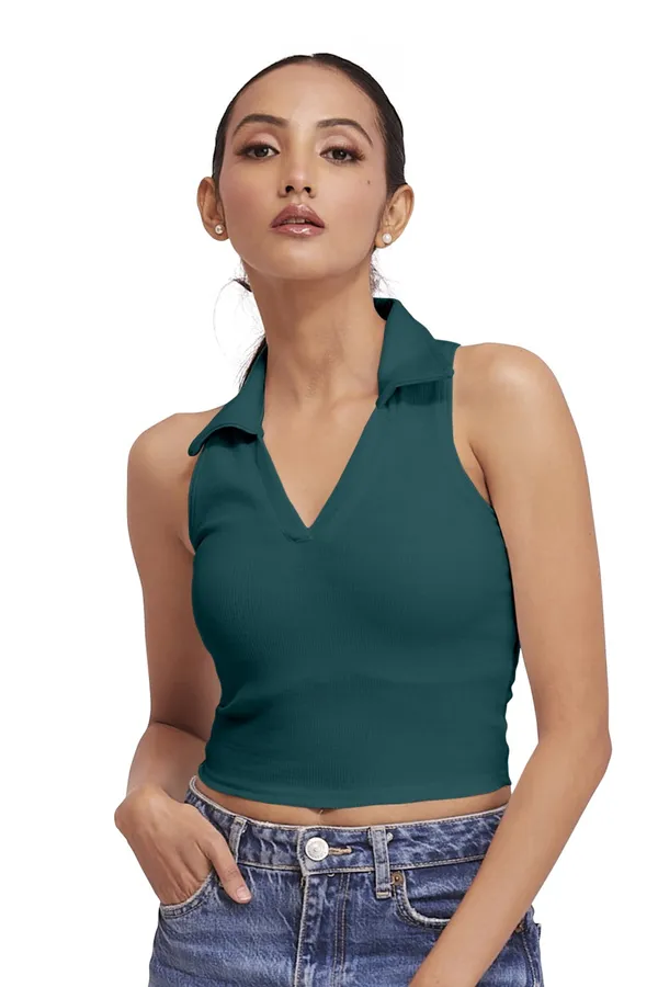 Teal_Green_Sleeveless_V-Neck_Slim_Fit_Collared_Tank_Crop_Tops_For_Women