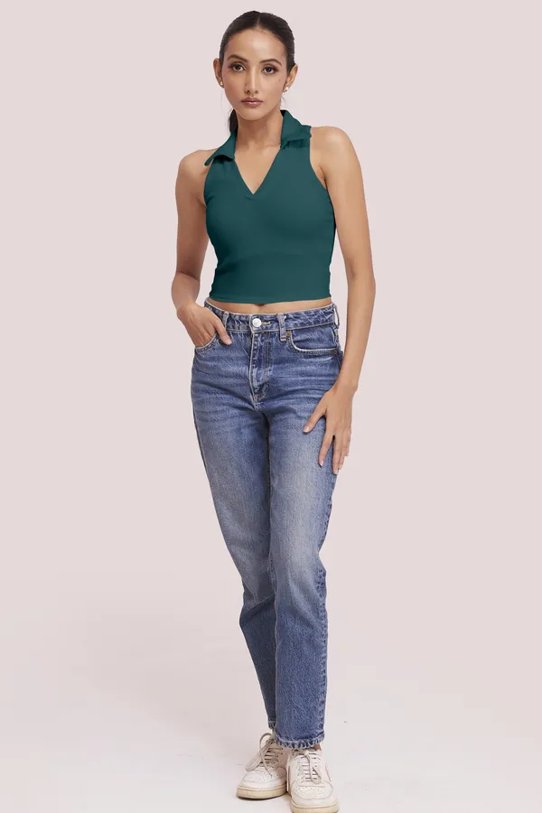 Teal_Green_Sleeveless_V-Neck_Slim_Fit_Collared_Tank_Crop_Tops_For_Women