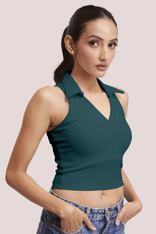 Teal_Green_Sleeveless_V-Neck_Slim_Fit_Collared_Tank_Crop_Tops_For_Women