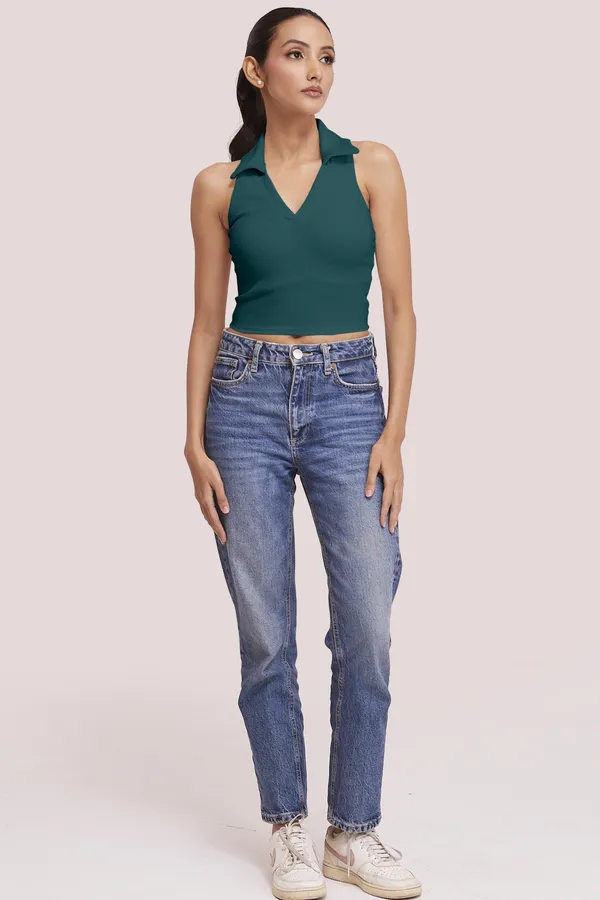 Teal_Green_Sleeveless_V-Neck_Slim_Fit_Collared_Tank_Crop_Tops_For_Women