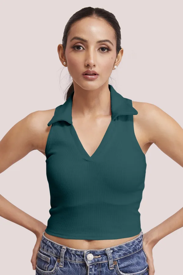 Teal_Green_Sleeveless_V-Neck_Slim_Fit_Collared_Tank_Crop_Tops_For_Women