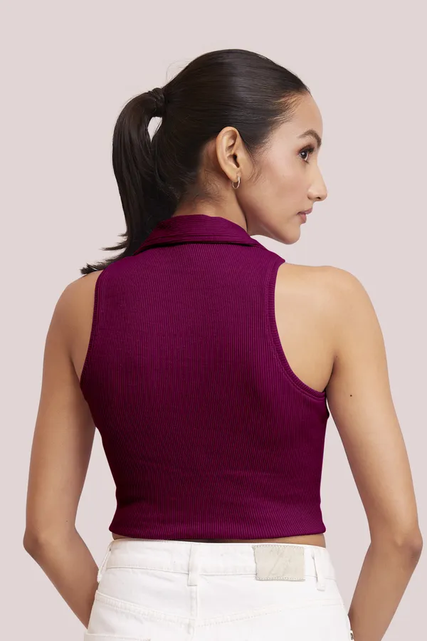 Wine_Sleeveless_V-Neck_Slim_Fit_Collared_Tank_Crop_Tops_For_Women