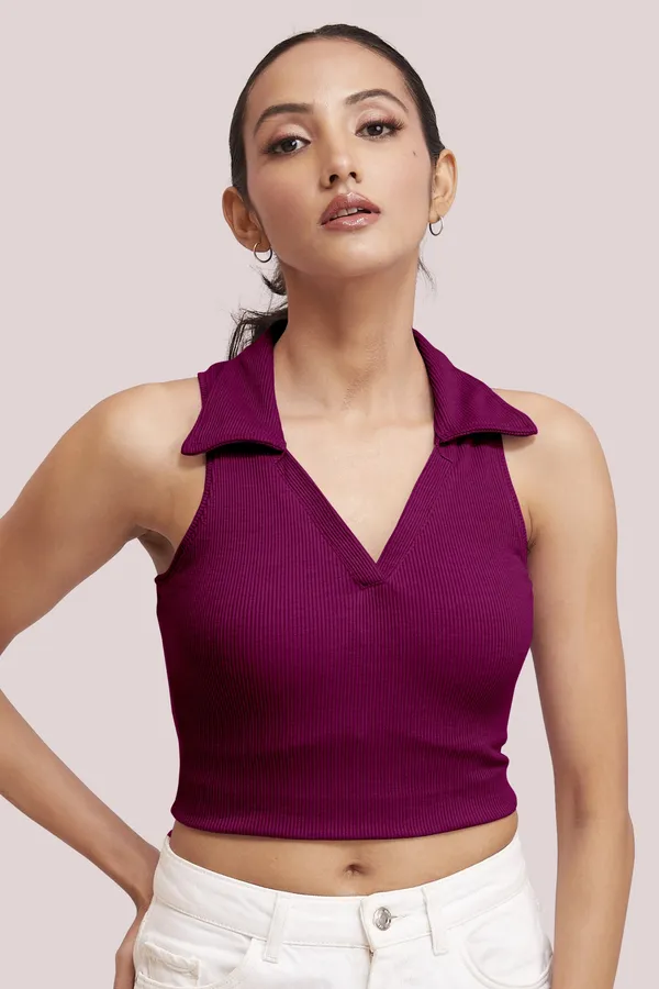 Wine_Sleeveless_V-Neck_Slim_Fit_Collared_Tank_Crop_Tops_For_Women