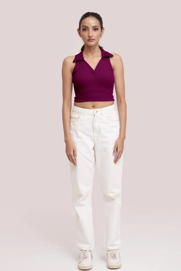 Wine_Sleeveless_V-Neck_Slim_Fit_Collared_Tank_Crop_Tops_For_Women