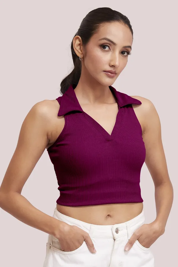 Wine_Sleeveless_V-Neck_Slim_Fit_Collared_Tank_Crop_Tops_For_Women