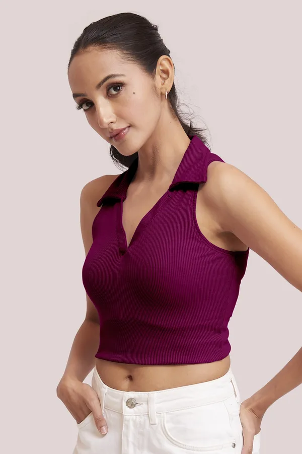 Wine_Sleeveless_V-Neck_Slim_Fit_Collared_Tank_Crop_Tops_For_Women