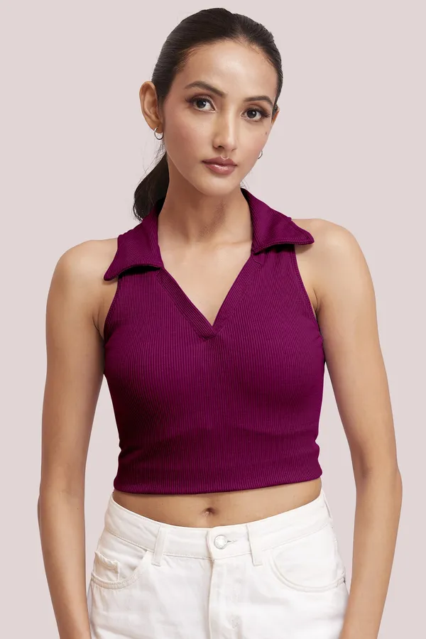 Wine_Sleeveless_V-Neck_Slim_Fit_Collared_Tank_Crop_Tops_For_Women