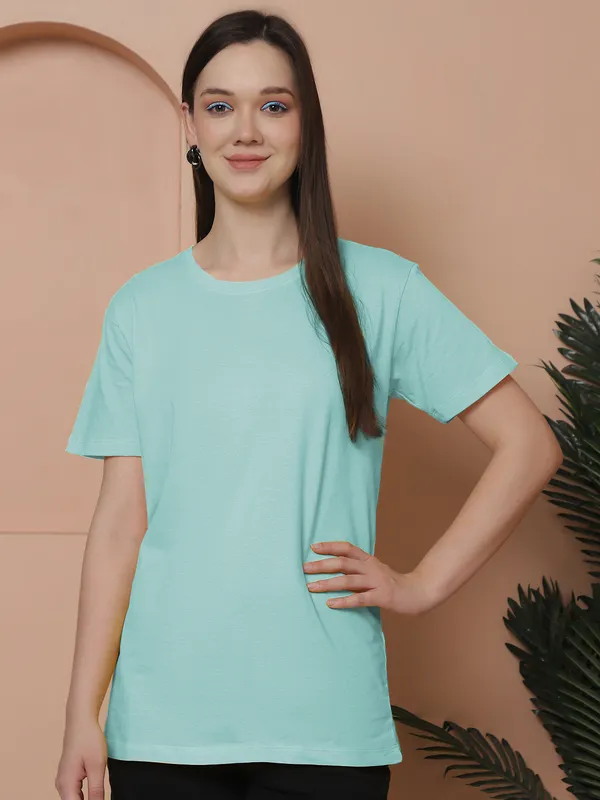 Women_Light_Turquoise_Blue_&_Mustard_Round_Neck_Oversized_Tshirt