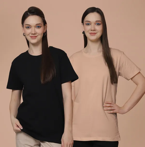 Women_Black_&_Coral_Round_Neck_Oversized_Tshirt