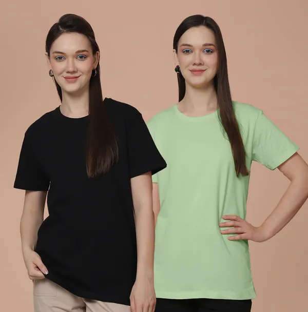 Women_Black_&_Sea_Green_Round_Neck_Oversized_Tshirt