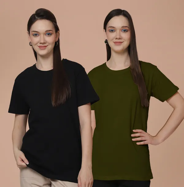 Women_Black_&_Olive_Green_Round_Neck_Oversized_Tshirt