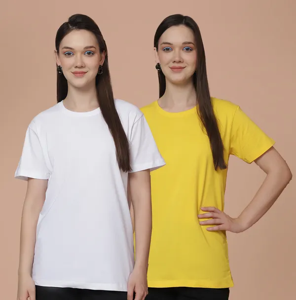 Women_White_&_Yellow_Round_Neck_Oversized_Tshirt