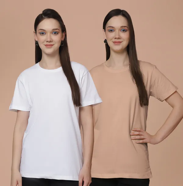 Women_White_&_Coral_Round_Neck_Oversized_Tshirt