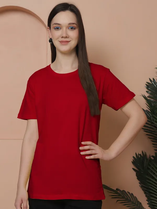 Women_Red_&_Light_Turquoise_Round_Neck_Oversized_Tshirt
