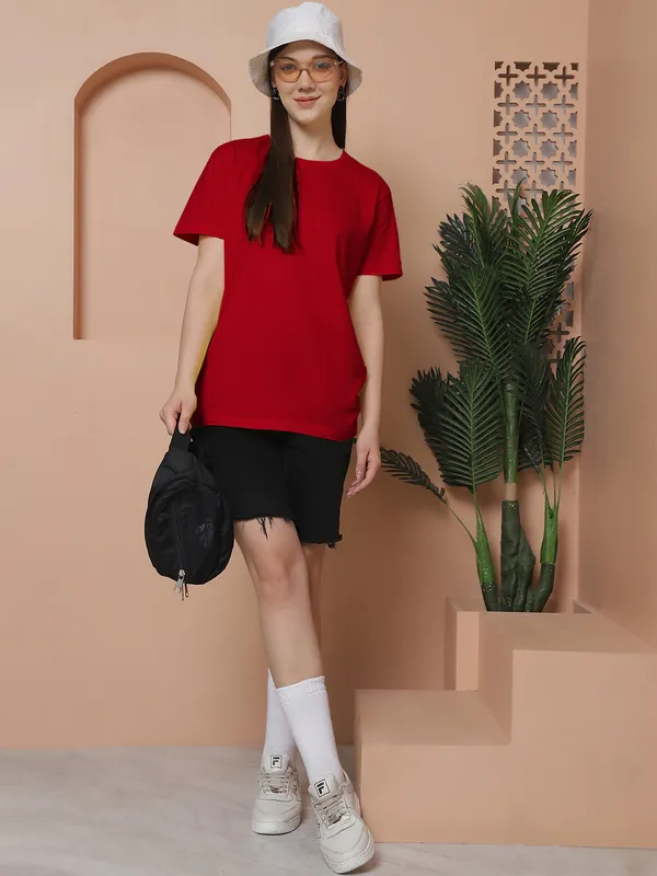 Women_Red_&_Light_Turquoise_Round_Neck_Oversized_Tshirt