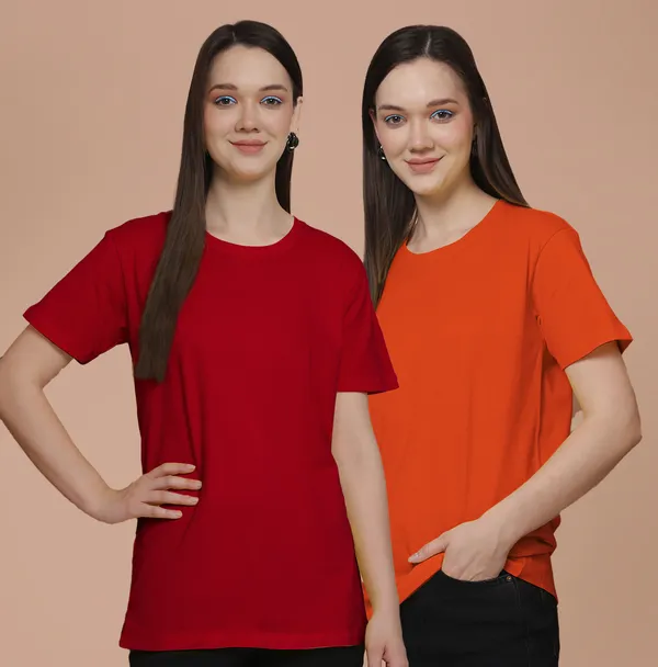 Women_Red_&_Orange_Round_Neck_Oversized_Tshirt