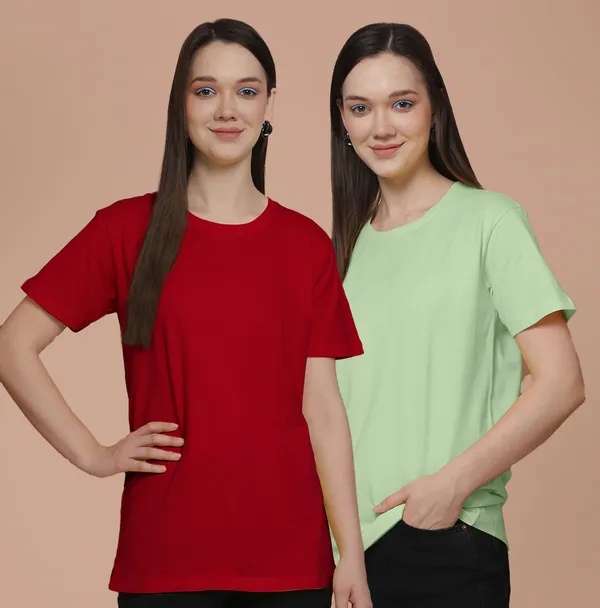 Women_Red_&_Sea_Green_Round_Neck_Oversized_Tshirt