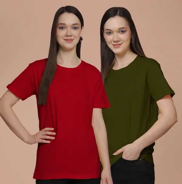 Women_Red_&_Olive_Green_Round_Neck_Oversized_Tshirt