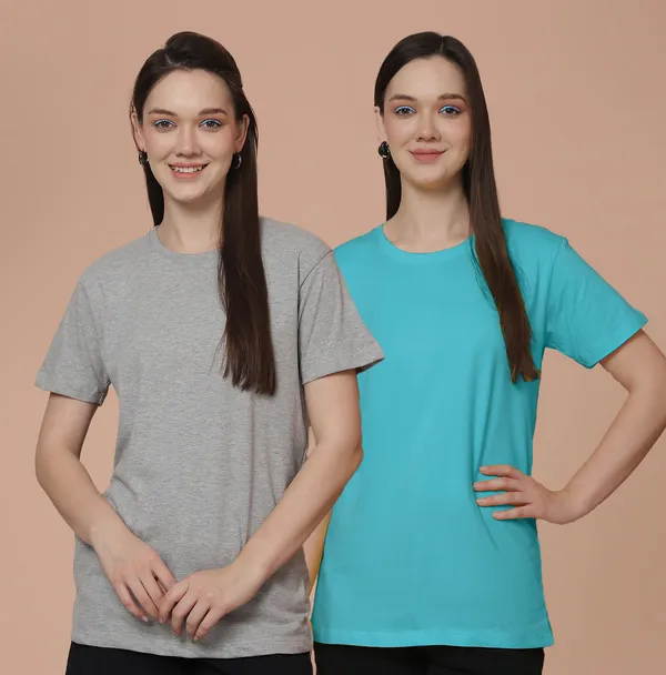 Women_Grey_&_Turquoise_Blue_Round_Neck_Oversized_Tshirt