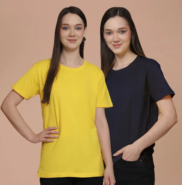 Women_Yellow_&_Navy_Blue_Round_Neck_Oversized_Tshirt