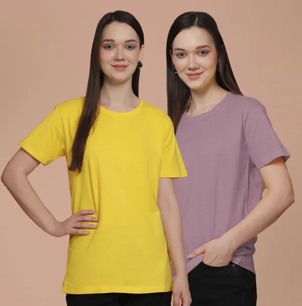 Women_Yellow_&_Dark_Purple_Round_Neck_Oversized_Tshirt